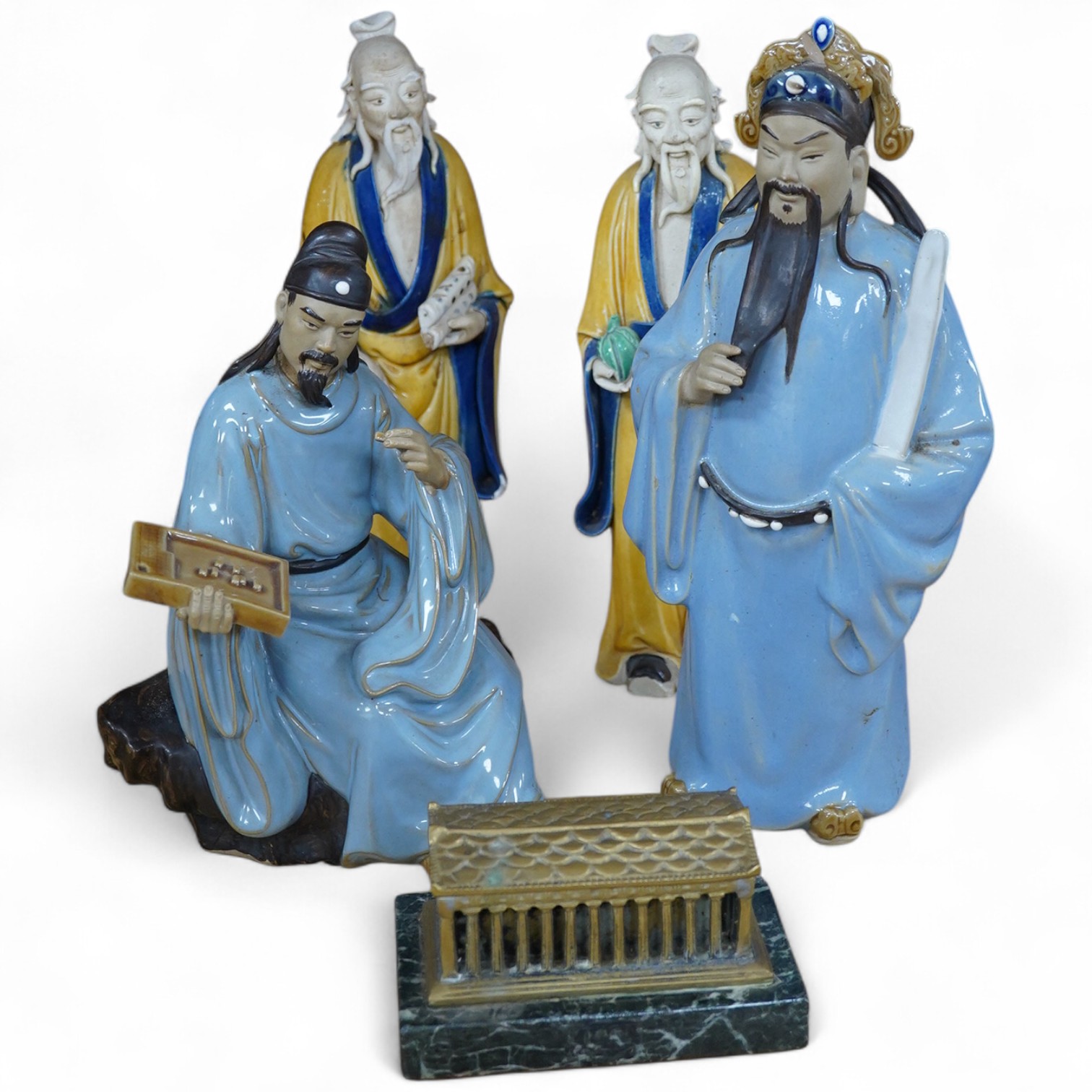 Four Chinese Sage figures and a metal model of the Parthenon, tallest 32cm. Condition - fair